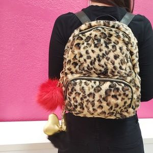 FAUX FUR ANIMAL PRINT Backpack NWT FREE POM POM!